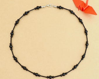 Black Tourmaline Beaded Unisex Necklace with Twist Beads: Grade AAAAA Tourmaline Gemstones