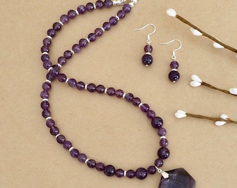 Amethyst Beaded Pendant Necklace & Earrings Set with Silver Accents: Statement Jewelry