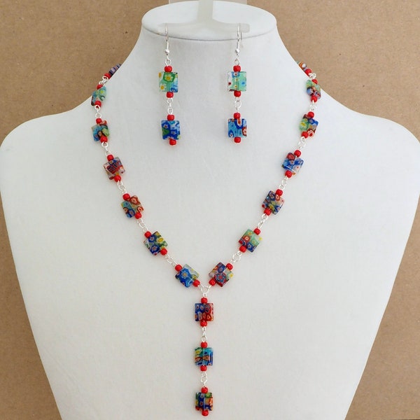 Millefiori Necklace Millefiori Glass Square Beaded Drop Necklace Millefiori Earrings Murano Glass Necklace Set Statement Jewelry