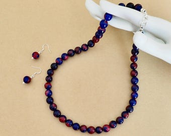 Lapis & Red Jasper Combination Beads in  Gemstone Necklace and Earring Set