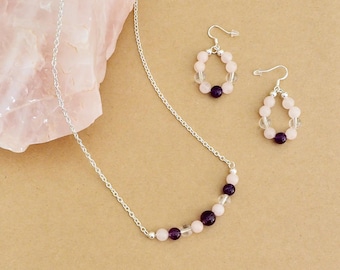 Amethyst, Rose Quartz, & Clear Quartz Gemstone Necklace and Earrings Set