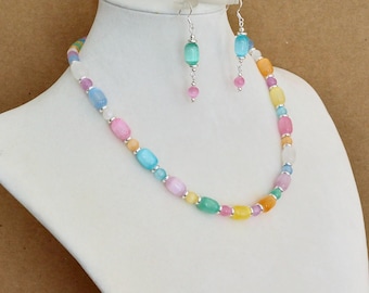 Rainbow Selenite Necklace & Earring Set: Silver Accents, Colorful Gemstone Beaded Jewelry