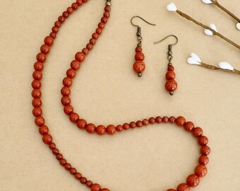 Red Jasper Necklace & Earring Set, Handmade Gemstone Beaded Necklace