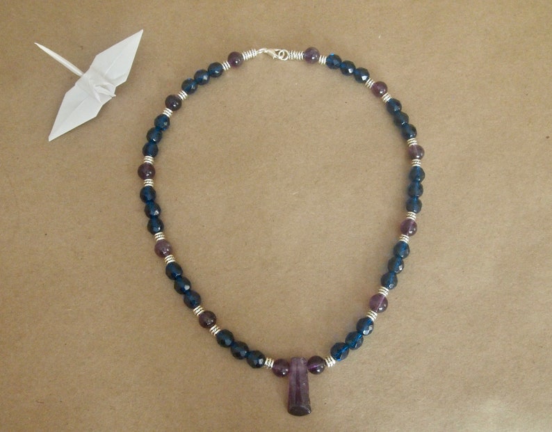Amethyst Gemstone Beaded Necklace with Fire Polished Blue Faceted Beads and Silver Accents
