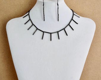 Goth Beaded Metal Choker Necklace & Earrings Set, Gunmetal Gothic Choker