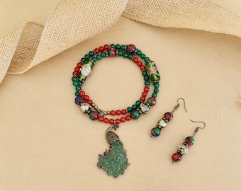Peacock Gemstone Bohemian Necklace & Earring Set: Murano Glass, Jasper, Agate