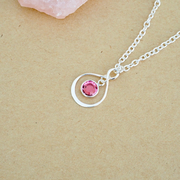 Silver Infinity Necklace: Rose Swarovski Crystal October Birthstone