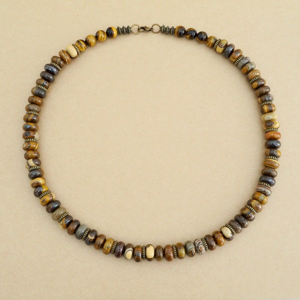 Men’s Tiger Iron Beaded Necklace Men’s Tiger’s Eye Necklace Men’s Beaded Gemstone Necklace Men’s Holiday Gift Necklace Healing Necklace
