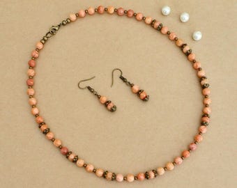 Orange Gemstone Necklace & Earrings: Antique Bronze Accents, Handmade Beaded Orange Calcite Jewelry Set