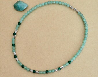 Green Aventurine & Agate Necklace for Men, Unisex Beaded Gemstone Jewelry