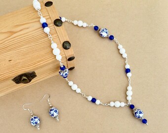 Blue and White Gemstone Necklace & Earring Set: Agate and Ceramic Flower Beaded Link Jewelry