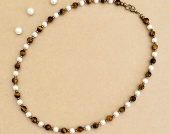 Pearl and Tiger's Eye Unisex Necklace:  Antique Bronze Accents, Handmade Beaded Jewelry