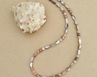 Natural Rice Shell & Sunstone Unisex Necklace, Summer Shell and Gemstone Jewelry