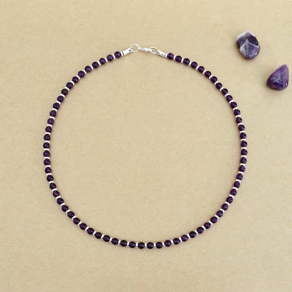 Amethyst Beaded Necklace: Sterling Silver Plated Accents, February Birthstone, Healing Energy Jewelry