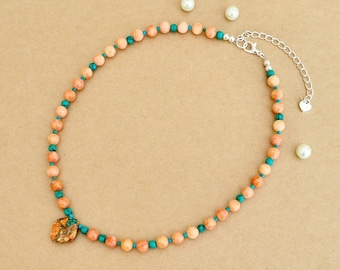 Spiny Oyster Copper Turquoise Necklace with Orange Calcite & Turquoise Bead Accents