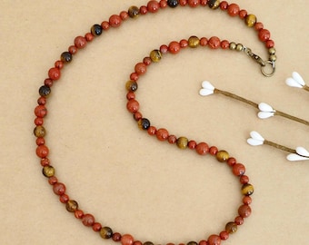 Red Jasper & Tiger's Eye Necklace: Unisex Beaded Gemstone Jewelry