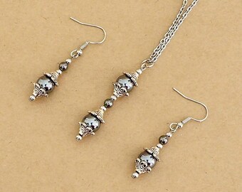 Hematite Pendant Necklace and Earring Set, Beaded Gemstone Jewelry, Crystal Energy Jewelry