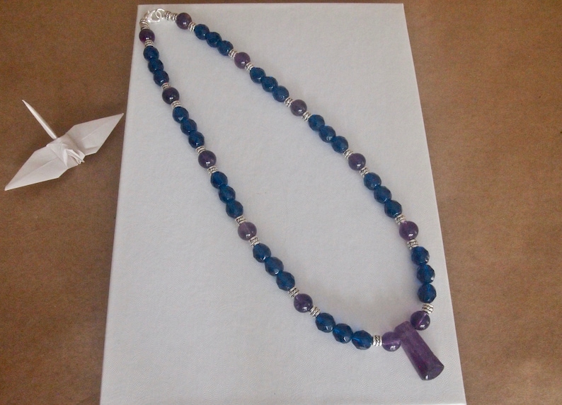 Amethyst Gemstone Beaded Necklace with Fire Polished Blue Faceted Beads and Silver Accents