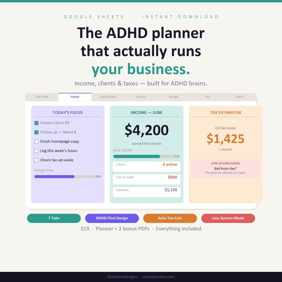 ADHD Self Employed Planner, Google Sheets Income Tracker for ...