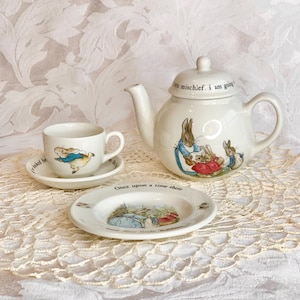 Vintage Wedgwood Peter Rabbit Miniature Tea Set, Beatrix Potter Ceramic Teapot Cup Saucer Plate