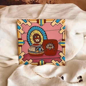 Vintage Southwestern Art Tile Studios 6” Ceramic Trivet Coaster Decor by Mary K. Olesen & Bill Zirglis, Native Headdress  and Pottery Motif