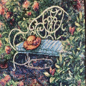Vintage Lena Liu Woven Tapestry Wall Hanging Garden Bench Floral Path Vertical Wall Art Banner