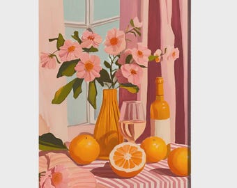 May include: A still life painting featuring a yellow vase with pink flowers, a wine glass, a bottle, and several oranges on a striped tablecloth. The scene is set before a window with pink curtains, rendered in a flat, illustrative style.