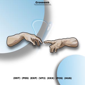 Puede incluir: Un diseño de bordado que muestra las manos de la Creación de Adán en un estilo cosido en tonos beige y marrón. El texto CROSSEMB aparece en la parte superior y los formatos de archivo (DST) (PES) (EXP) (VP3) (XXX) (PCS) (HUS) en la parte inferior.