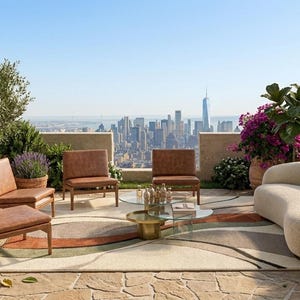 May include: An outdoor terrace featuring a curved cream-colored sofa, three brown leather armchairs with wooden frames, and a round glass coffee table with a gold base. A large area rug with abstract wavy lines sits on the stone floor.