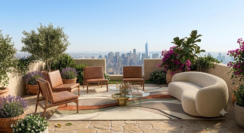 May include: An outdoor terrace featuring a curved cream-colored sofa, three brown leather armchairs with wooden frames, and a round glass coffee table with a gold base. A large area rug with abstract wavy lines sits on the stone floor.