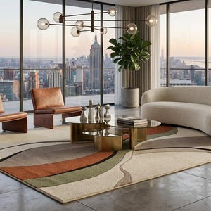 May include: A large area rug featuring a wavy, abstract pattern in shades of cream, rust orange, olive green, and dark brown. The rug is positioned under a curved cream sofa, two brown leather chairs, and a tiered glass coffee table with gold bases.