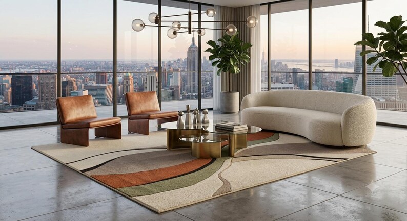 May include: A large area rug featuring a wavy, abstract pattern in shades of cream, rust orange, olive green, and dark brown. The rug is positioned under a curved cream sofa, two brown leather chairs, and a tiered glass coffee table with gold bases.