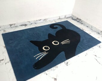 Hand Tufted Wool Black Cat Rug, Blue Modern Animal Area Home Décor
