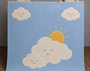 Kids Cloud Rug, Nursery Area Rug, Hand Tufted Wool Rug, Blue Cloud & Sun Rug, Baby Room Decor, Kids Bedroom Carpet, Playroom Rug