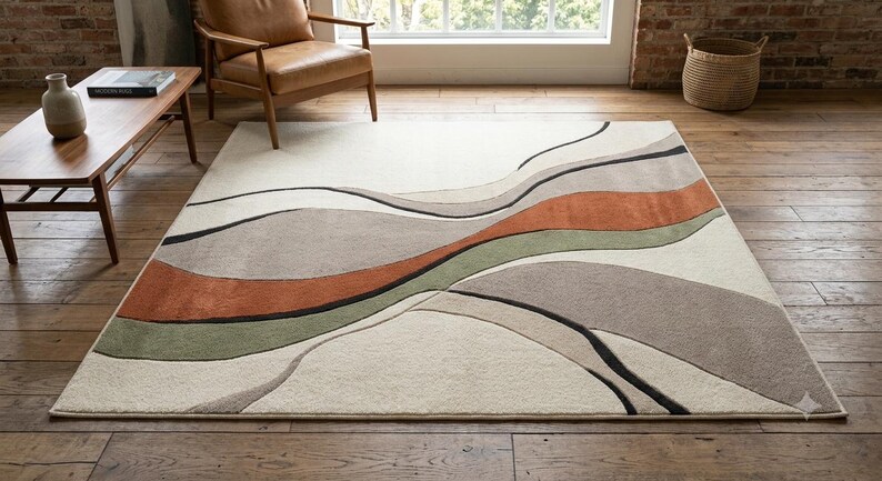 May include: A rectangular area rug featuring a cream-colored base with flowing, organic wave patterns in shades of terracotta orange, sage green, taupe, and charcoal gray. The design consists of layered, curved sections that create a sense of movement.