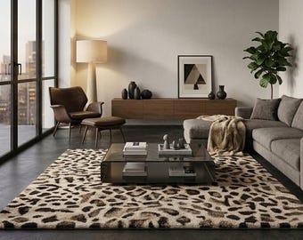 Hand Tufted Leopard Print Wool Rug, Modern Animal Print Area Rug, Beige Black Cheetah Spotted Carpet for Living Room, Custom Size Rug