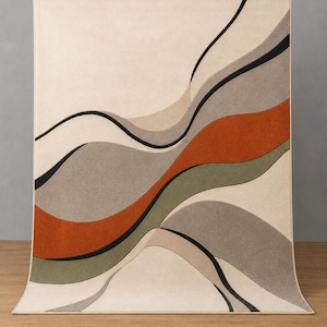 May include: A rectangular area rug featuring a series of flowing, organic wave patterns in shades of cream, beige, gray, olive green, and burnt orange, separated by thin, dark black lines that create a sense of movement across the surface.