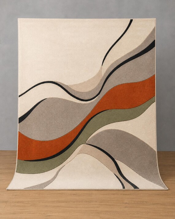 Abstract Wave Hand Tufted Wool Rug | Modern Earthy Area Rug for Bedroom Living Room | Mid Century Terracotta Sage Green Tufted Carpet
