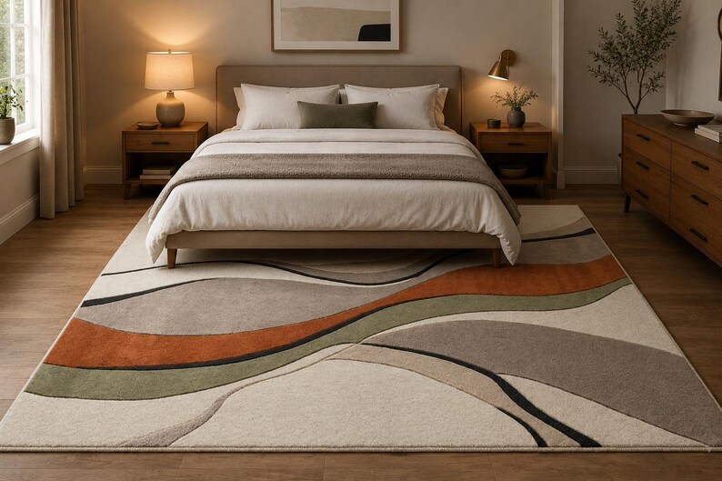 May include: A rectangular area rug featuring a large-scale abstract pattern of flowing, organic shapes in shades of cream, beige, sage green, burnt orange, and charcoal gray. The rug has a low-pile texture and is positioned under a bed frame.