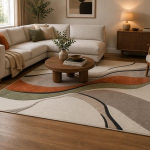 May include: A rectangular area rug featuring a large-scale abstract pattern of flowing, organic curves. The design incorporates a palette of cream, muted sage green, burnt orange, and charcoal gray, with thin black lines accentuating the shapes.