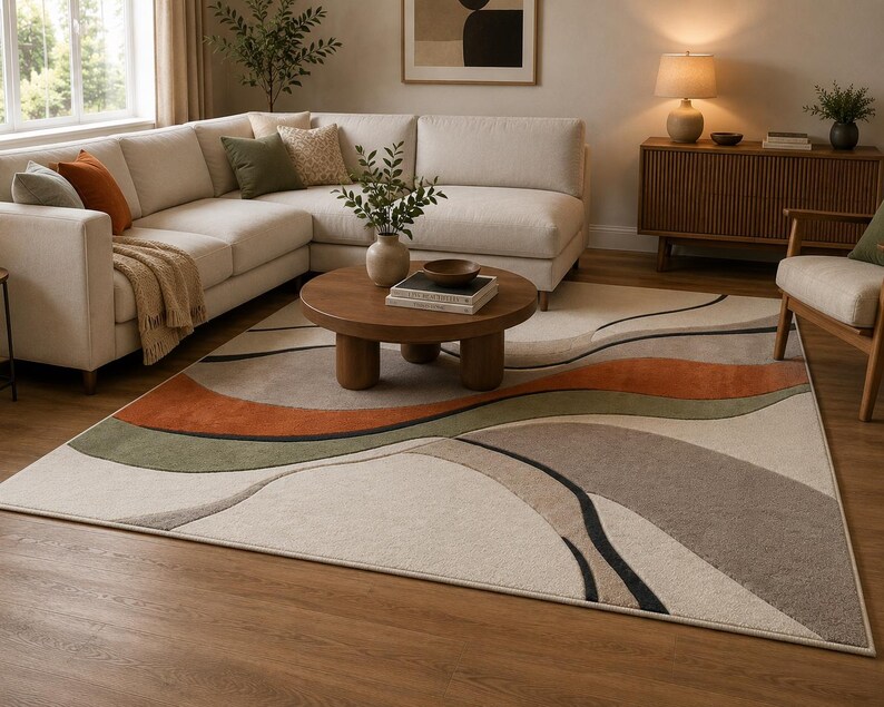May include: A rectangular area rug featuring a large-scale abstract pattern of flowing, organic curves. The design incorporates a palette of cream, muted sage green, burnt orange, and charcoal gray, with thin black lines accentuating the shapes.