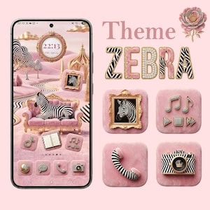 May include: A digital smartphone interface theme featuring a zebra motif with pink velvet textures, gold accents, and ornate frames. The display shows a zebra on a pink sofa, while individual app icons include a camera, telephone, and music notes.