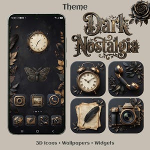 Könnte beinhalten: Ein digitales Themenpaket mit dem Titel Dark Nostalgia, das ein Smartphone-Display mit dunklem Hintergrund, ein Uhren-Widget, eine Motten-Grafik und verschiedene App-Symbole zeigt, darunter eine Uhr, ein Telefon und eine Kamera.