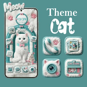 May include: A smartphone displaying a digital interface with a white cat theme, featuring teal and pink accents, fuzzy textures, and icons labeled Meow, Cat Store, and Cat. The screen shows a white cat, a small mouse, and various app icons.