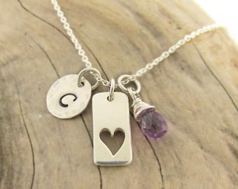 Sterling Silver Birthstone Necklace Personalized Initial Necklace Custom Jewelry Heart Charm Necklace Monogram Necklace