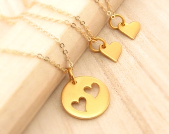 Gold Mother Daughter Necklace Set - Mother of Two 2 Daughters - Set of 3 Necklaces - Sisters Jewelry -Mothers Day Gift for Mom and Daughters