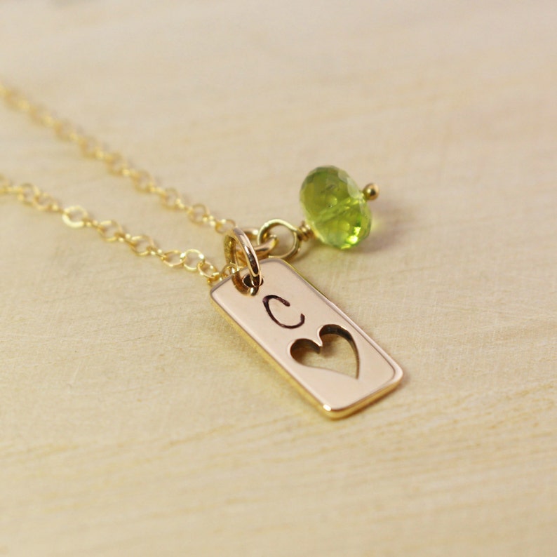 Personalized Gold Tag Necklace with Heart Cutout Gold Initial Necklace Gemstone Birthstone Necklace Vertical Gold Bar Necklace image 2