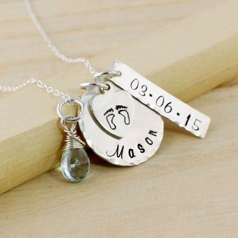 Push Present Personalized Mothers Necklace New Mom Necklace New Baby Jewelry Name and Date Tag Gemstone Birthstone Baby Feet image 3