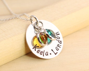 Personalized Mother's Necklace - Birthstone Necklace - Hand Stamped Sterling Silver Name Disc - Name Necklace - Name Jewelry - Gift for Mom