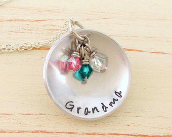 Personalized Grandma Necklace Swarovski Birthstone Charm Necklace Necklace for Grandma Mothers Day Gift Hand Stamped Grandma Necklace